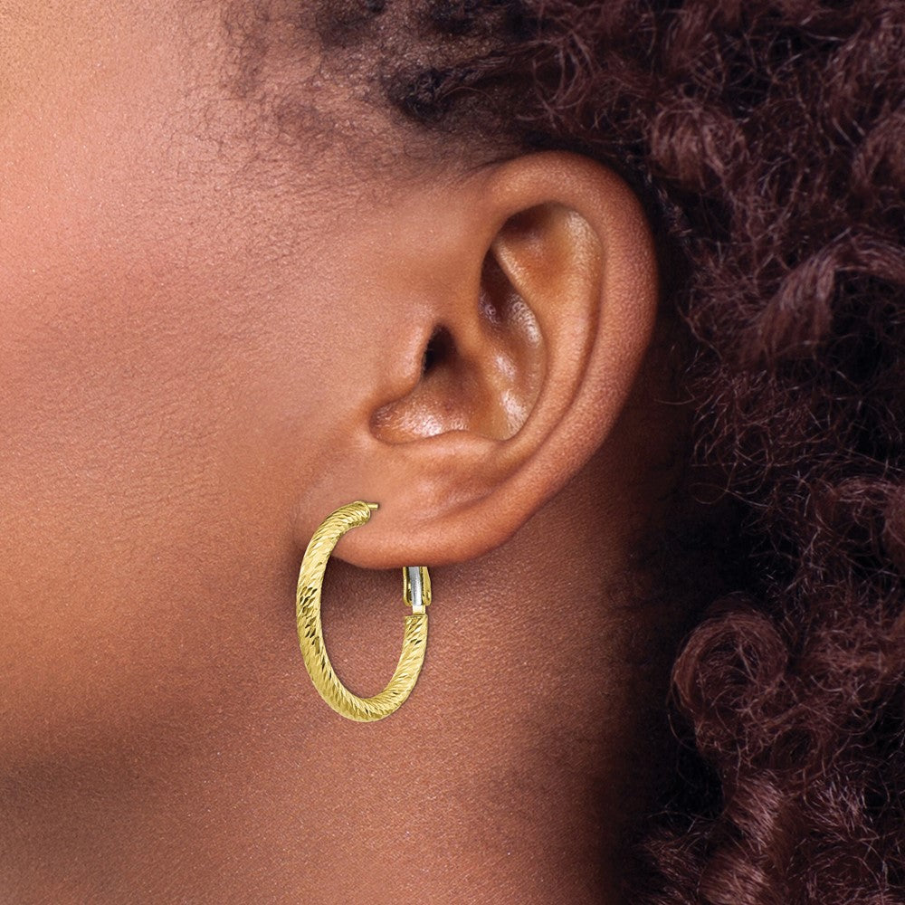 10K 3x20 D/C Round Omega Back Hoop Earrings