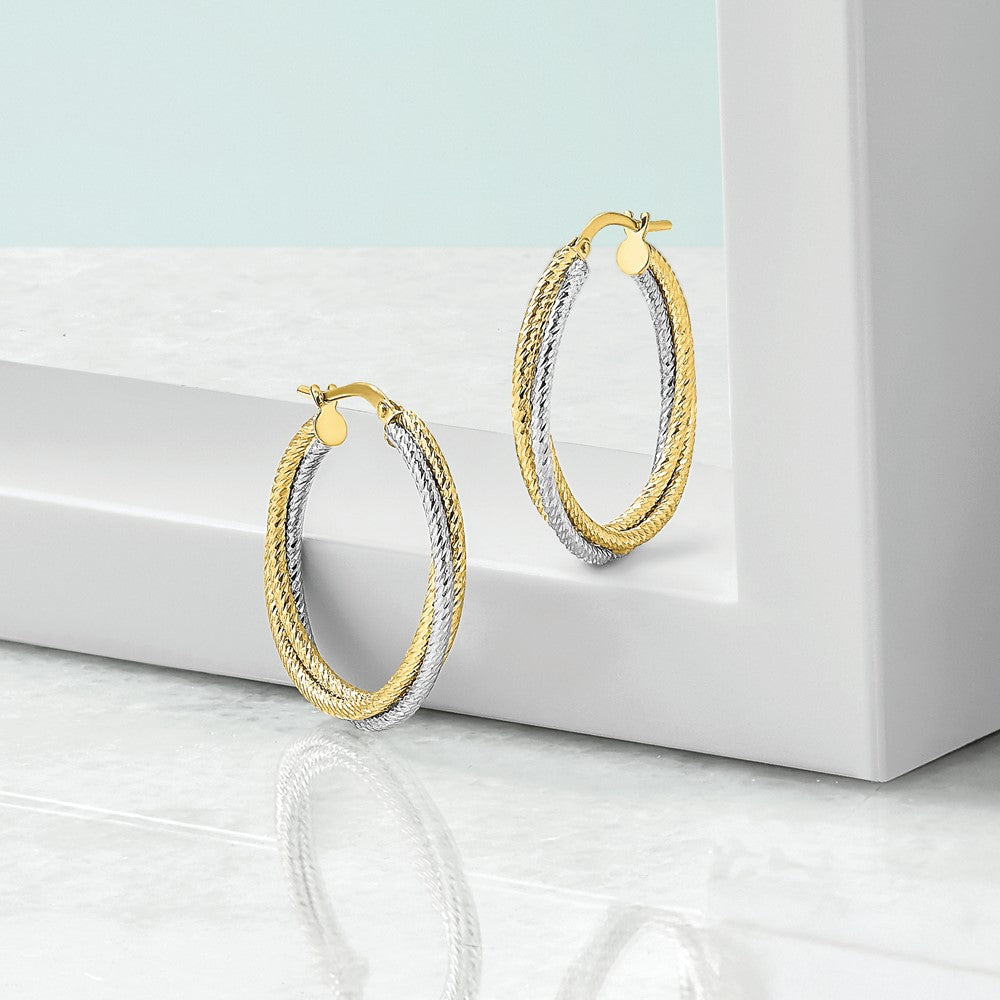 10K with Rhodium Polished D/C Hoop Earrings