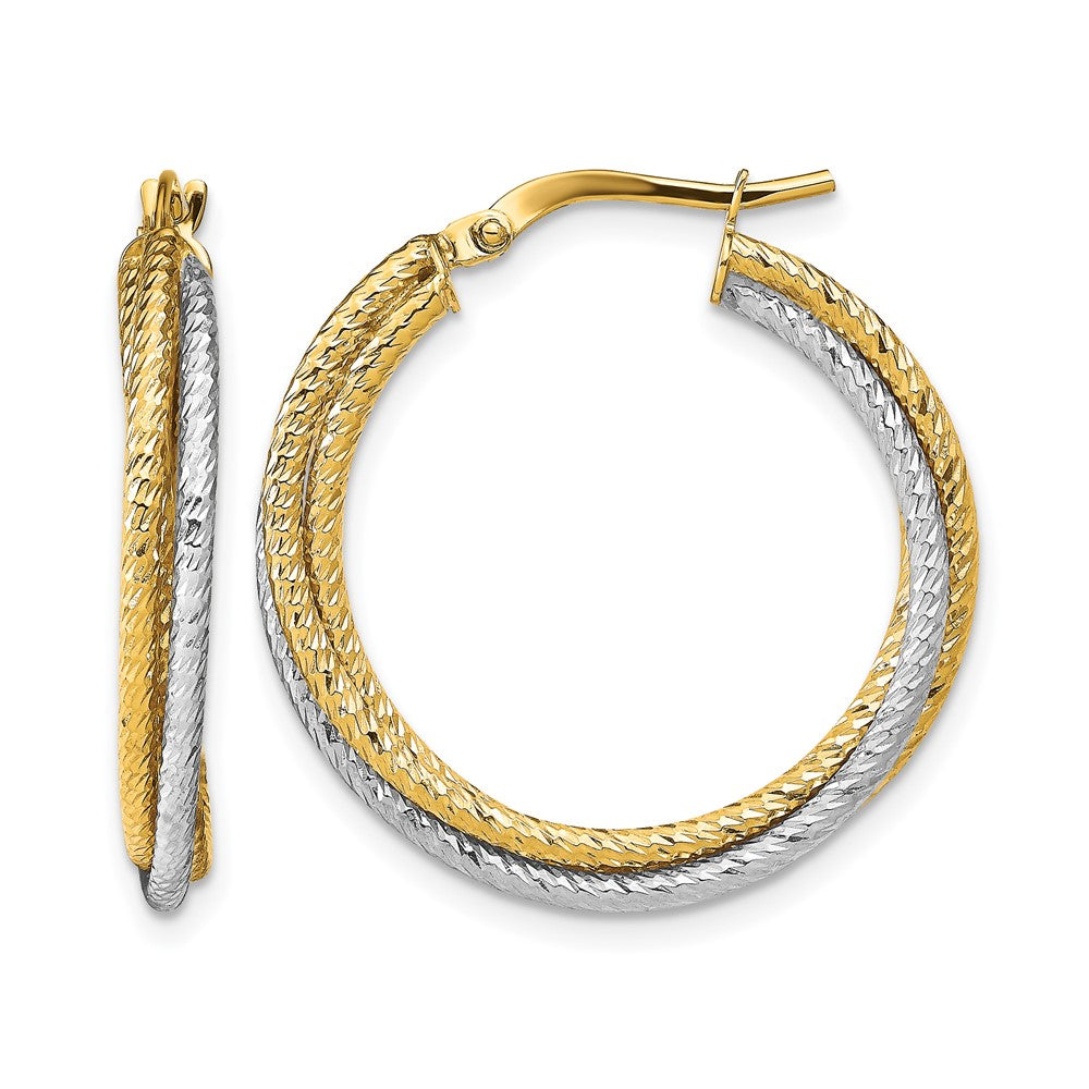 10K with Rhodium Polished D/C Hoop Earrings