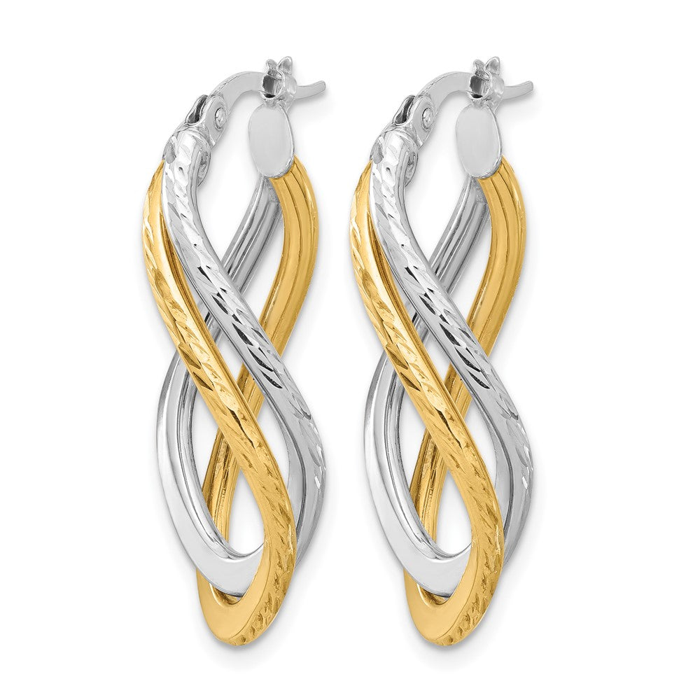 10K with Rhodium Polished and Diamond-cut Twist Hoop Earrings