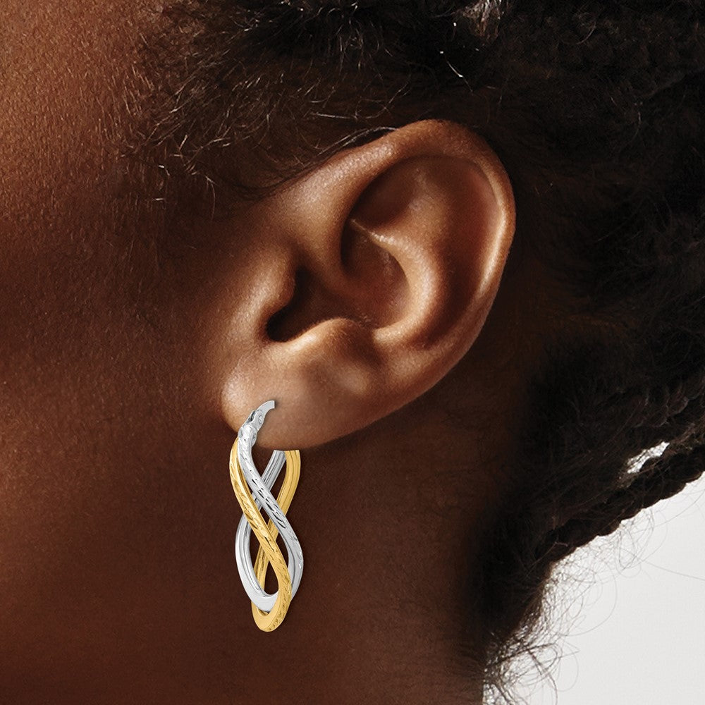 10K with Rhodium Polished and Diamond-cut Twist Hoop Earrings