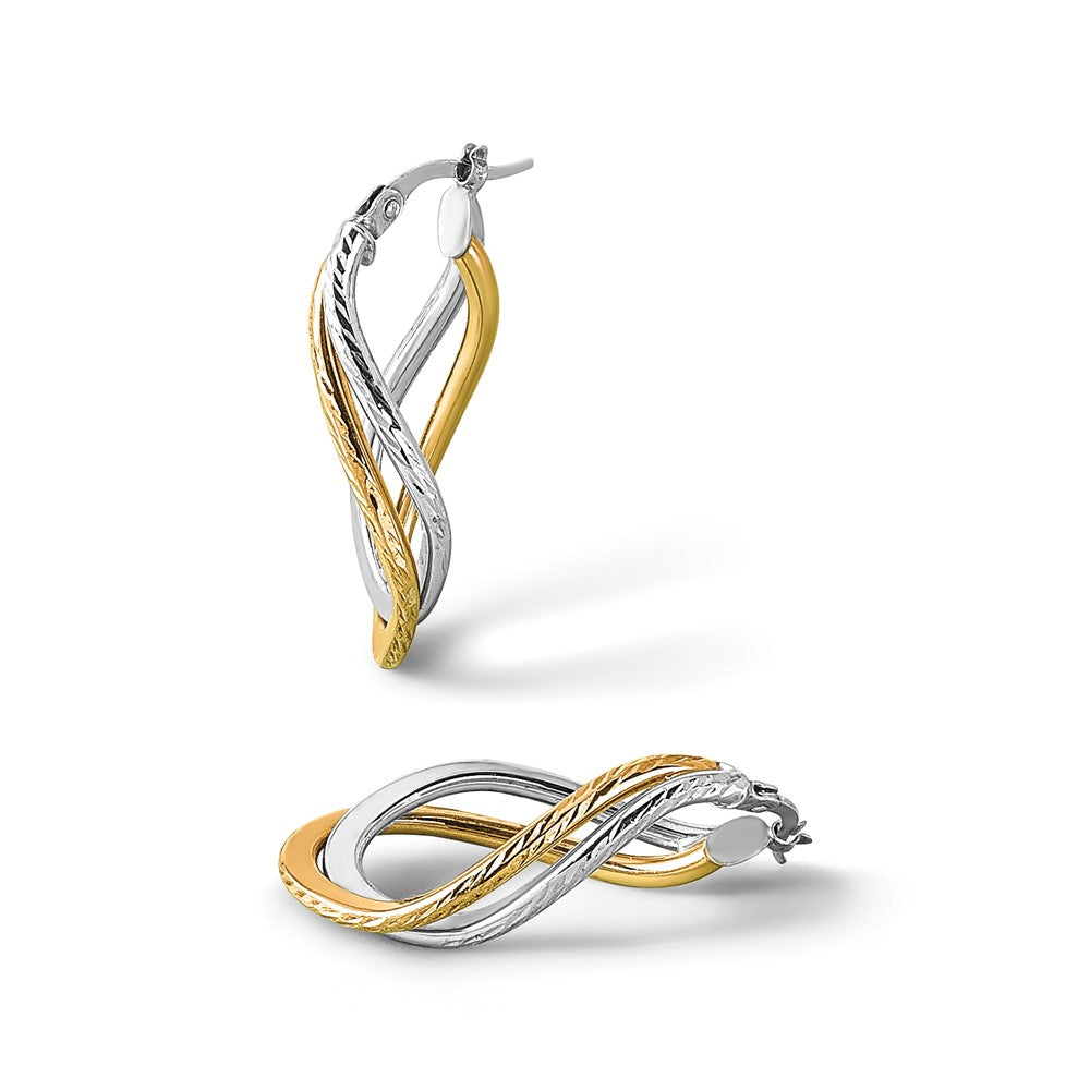 10K with Rhodium Polished and Diamond-cut Twist Hoop Earrings