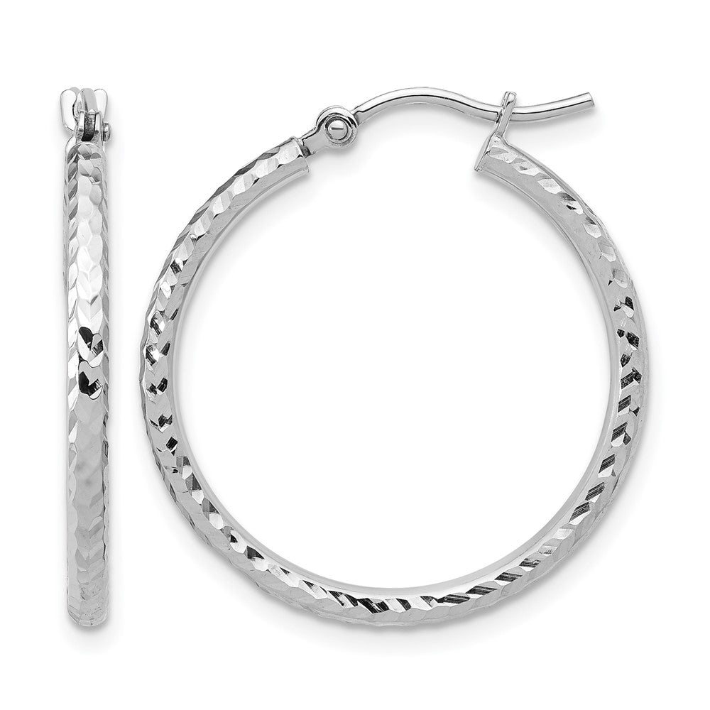 10k White Gold Diamond-cut 2mm Round Tube Hoop Earrings