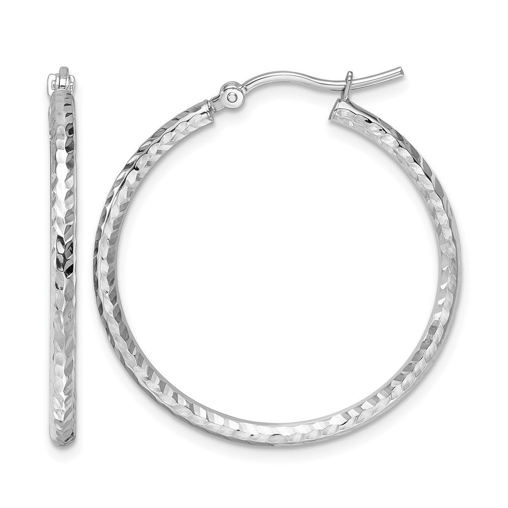 10k White Gold Diamond-cut 2mm Round Tube Hoop Earrings