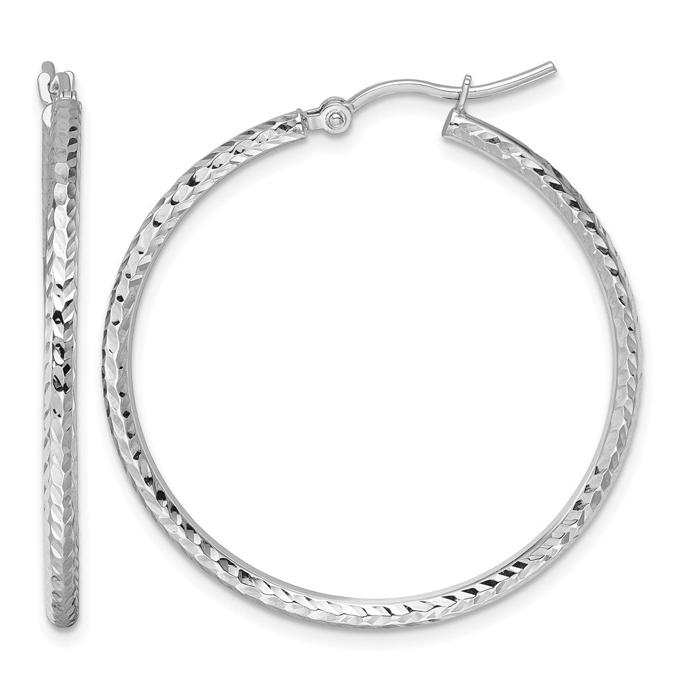 10k White Gold Diamond-cut 2mm Round Tube Hoop Earrings