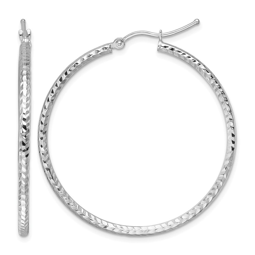 10k White Gold Diamond-cut 2mm Round Tube Hoop Earrings
