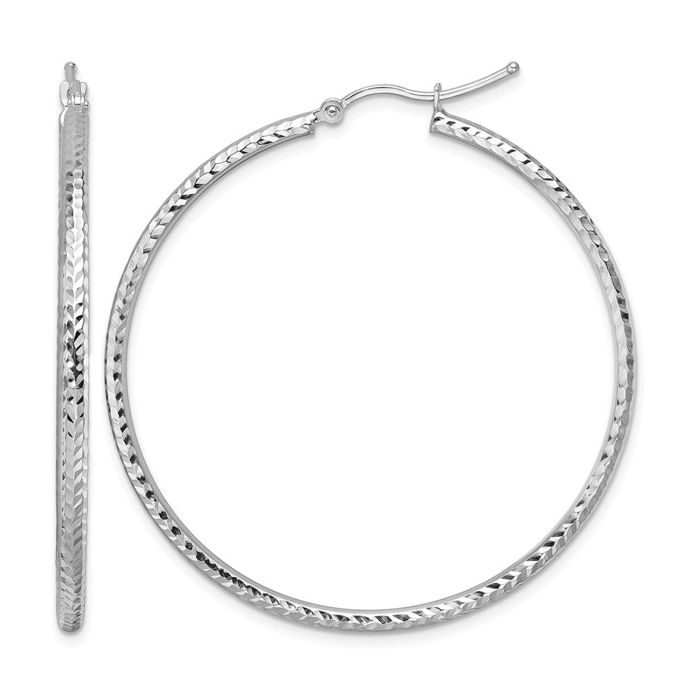 10k White Gold Diamond-cut 2mm Round Tube Hoop Earrings