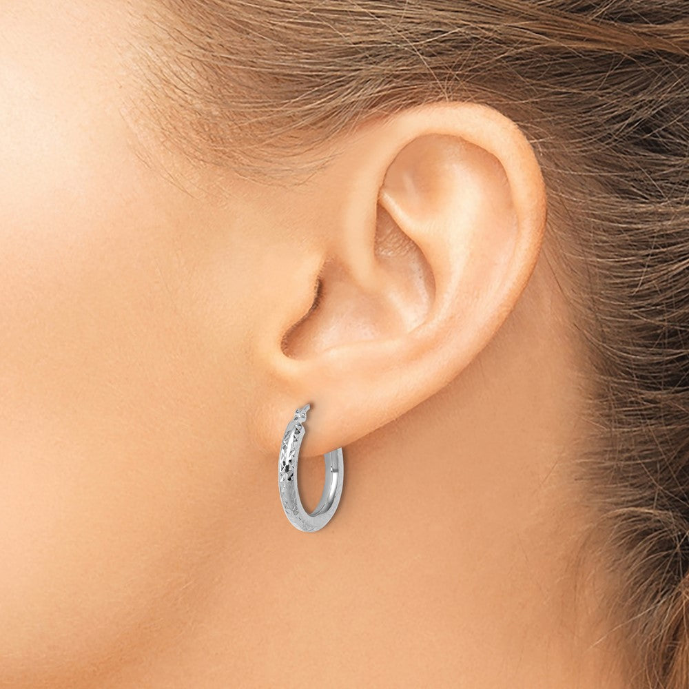 10k White Gold Diamond-cut 3mm Round Hoop Earrings
