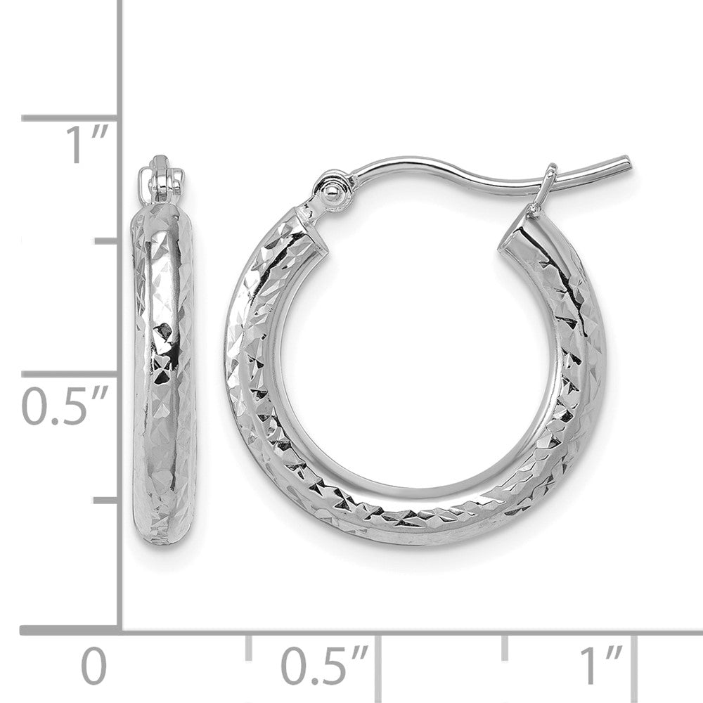 10k White Gold Diamond-cut 3mm Round Hoop Earrings