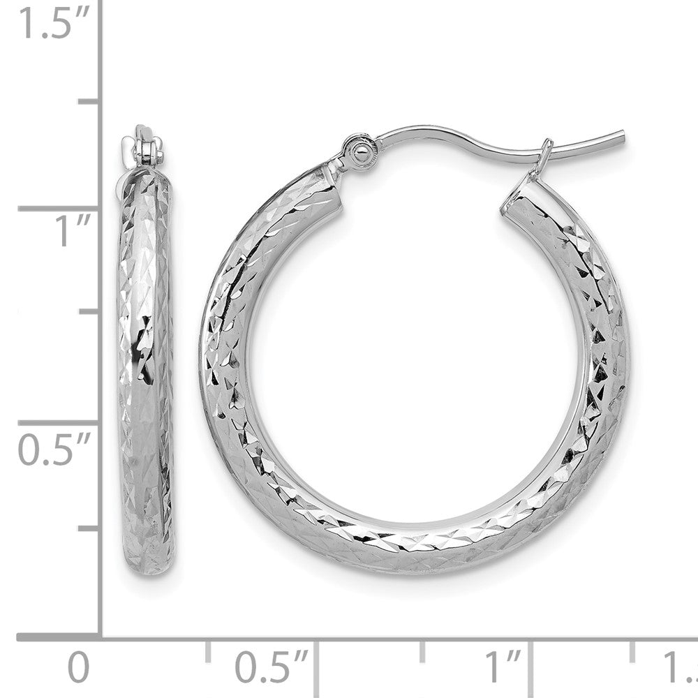 10k White Gold Diamond-cut 3mm Round Hoop Earrings