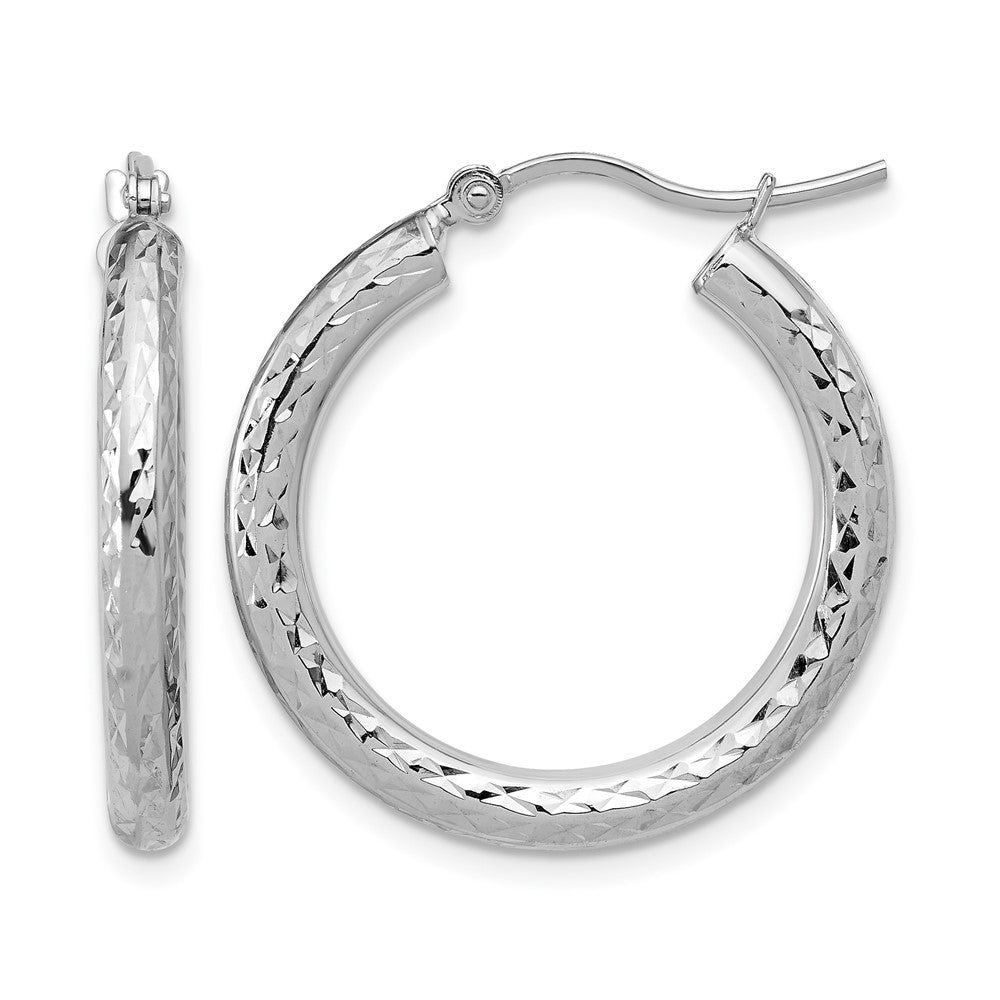 10k White Gold Diamond-cut 3mm Round Hoop Earrings