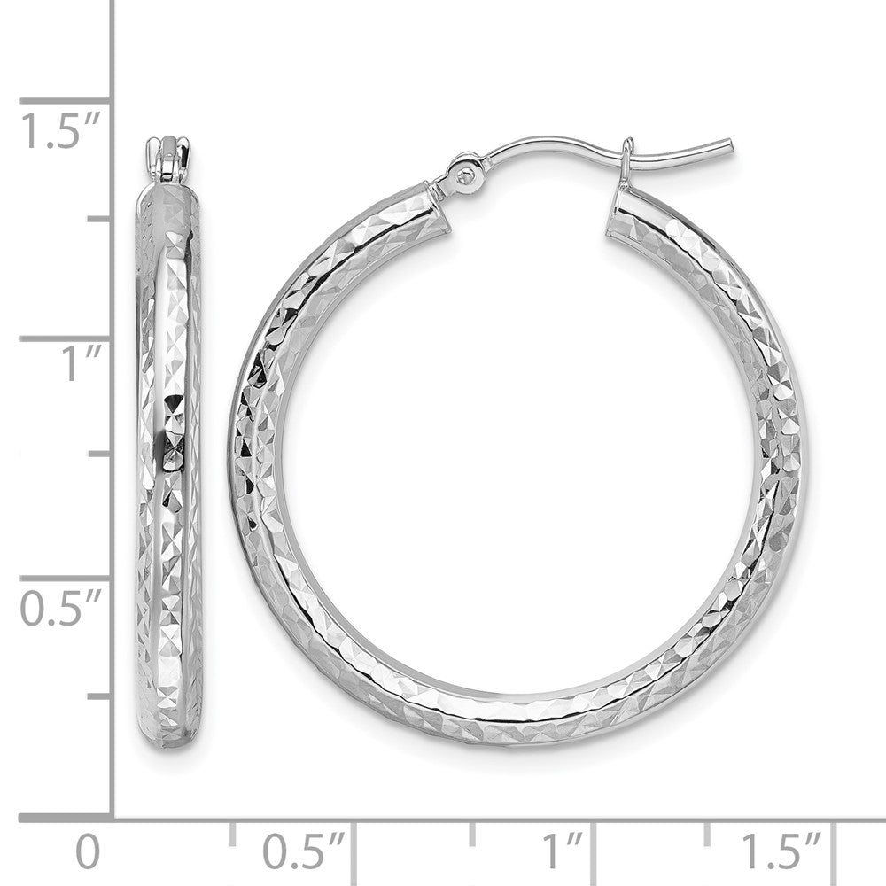 10k White Gold Diamond-cut 3mm Round Hoop Earrings