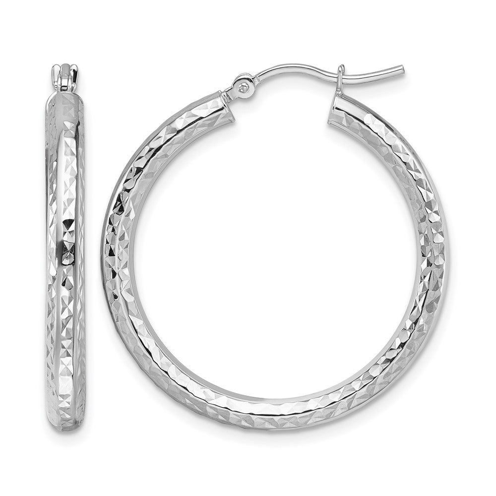 10k White Gold Diamond-cut 3mm Round Hoop Earrings