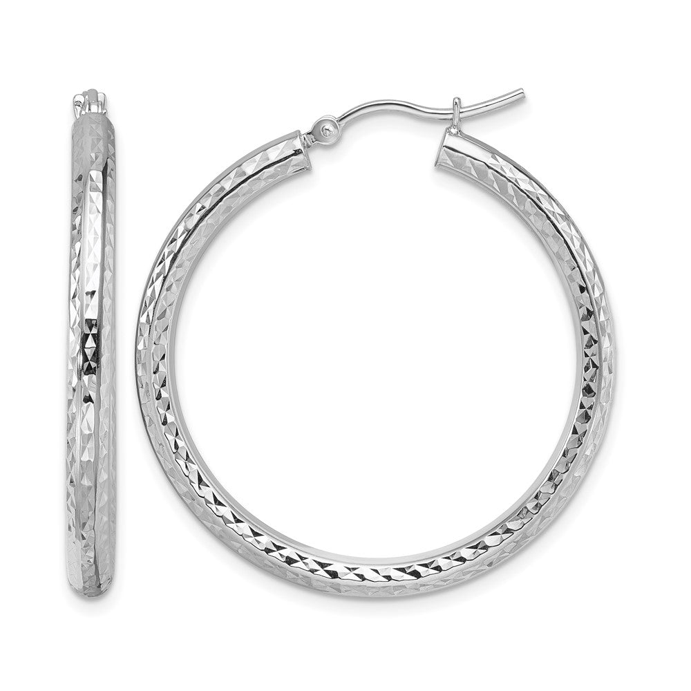 10k White Gold Diamond-cut 3mm Round Hoop Earrings