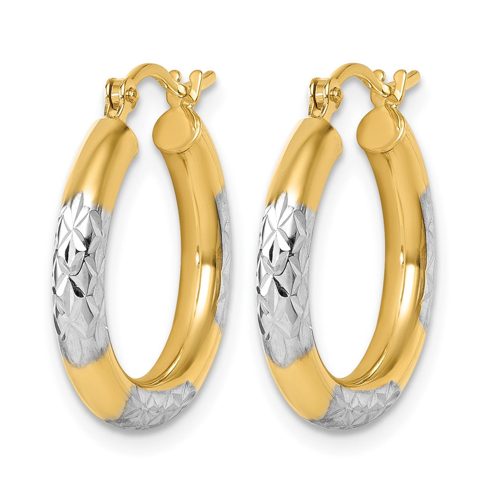 10K with Rhodium Diamond Cut 3mm Hoop Earrings
