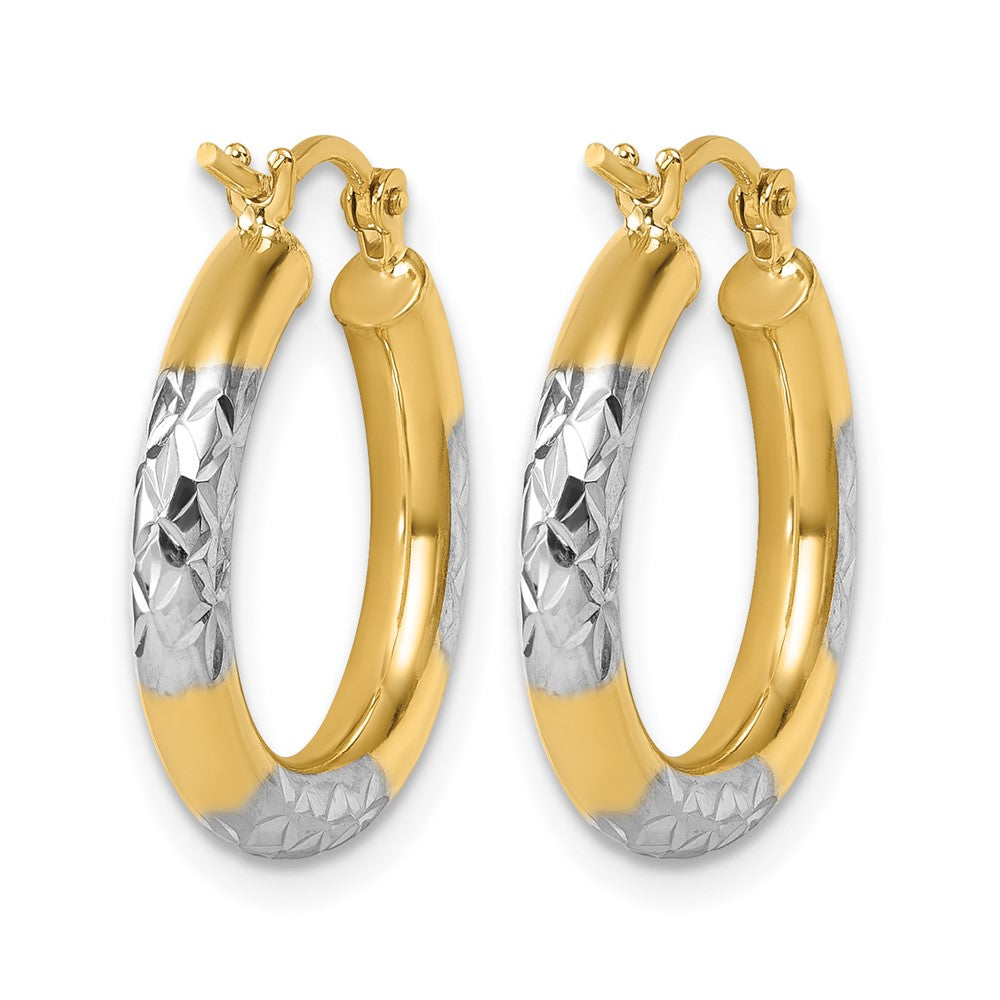 10K with Rhodium Diamond Cut 3mm Hoop Earrings