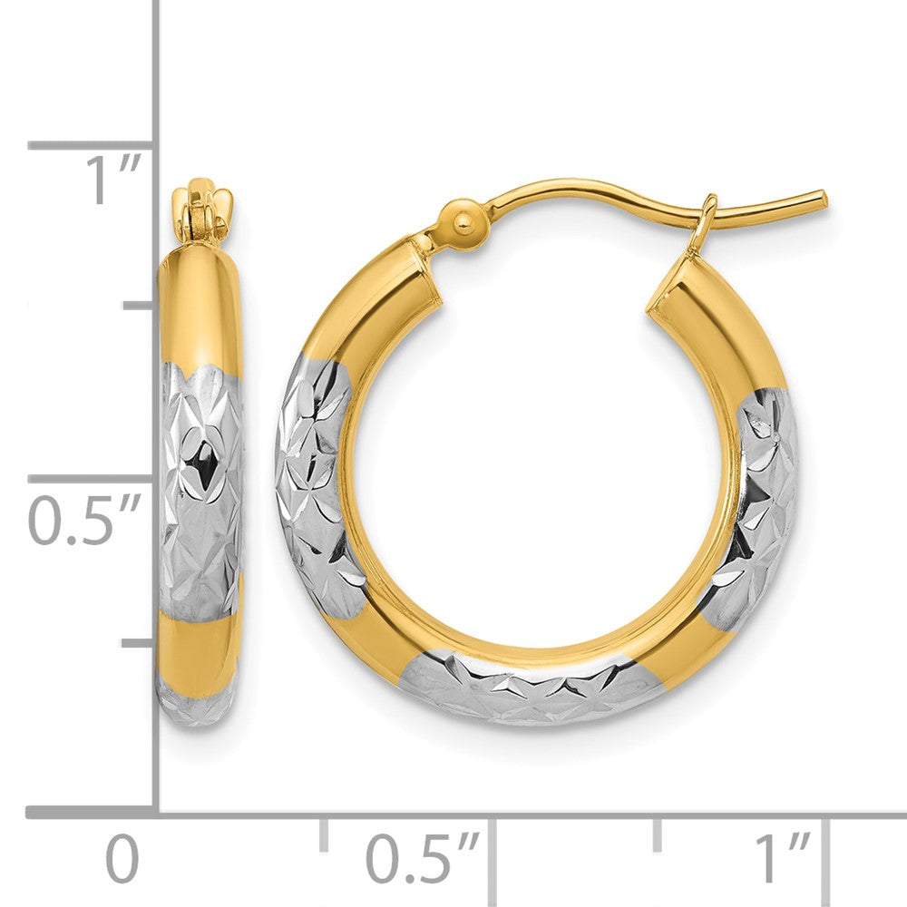 10K with Rhodium Diamond Cut 3mm Hoop Earrings