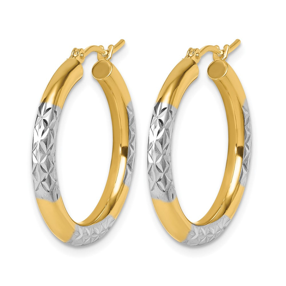 10K with Rhodium Diamond Cut 3mm Hoop Earrings