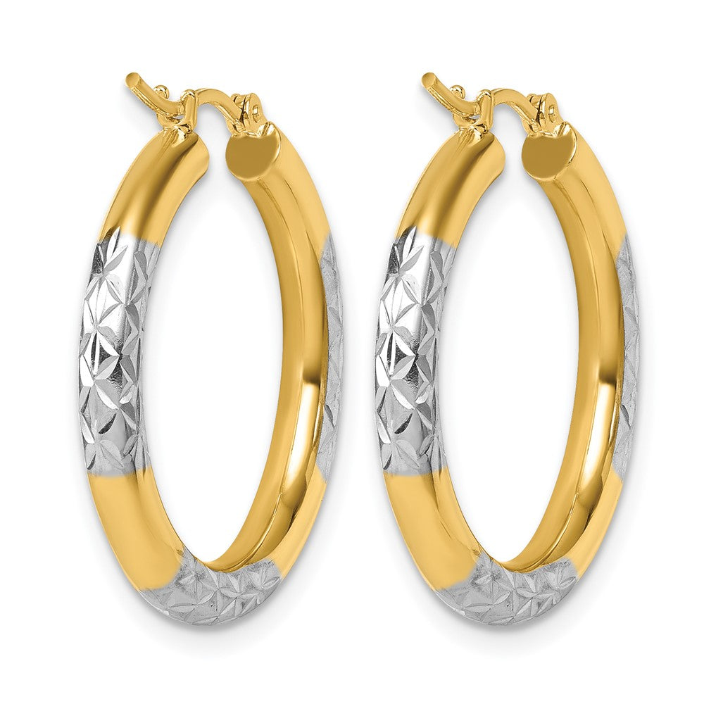 10K with Rhodium Diamond Cut 3mm Hoop Earrings