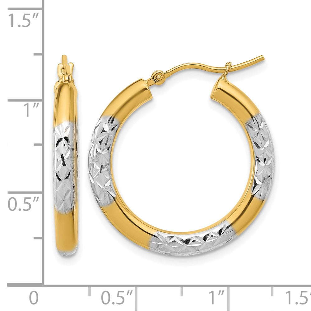 10K with Rhodium Diamond Cut 3mm Hoop Earrings