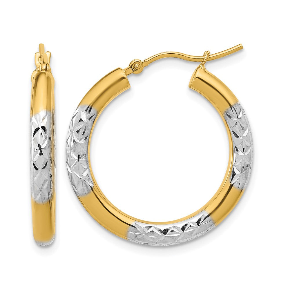 10K with Rhodium Diamond Cut 3mm Hoop Earrings