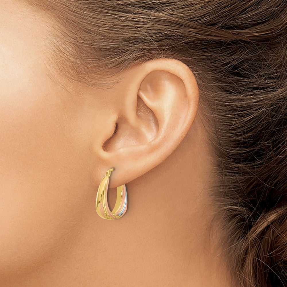 10K Two-tone w/White Rhodium Polished and Satin Hoop Earrings