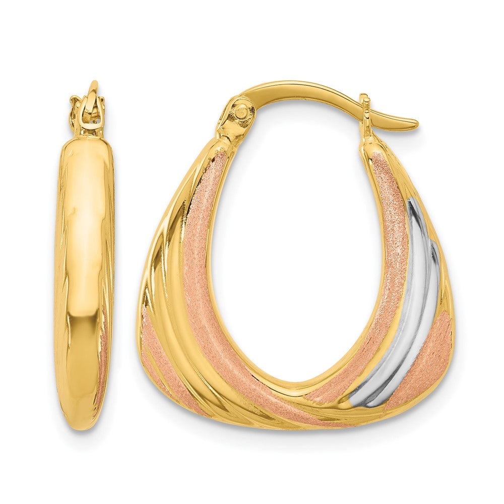 10K Two-tone w/White Rhodium Polished and Satin Hoop Earrings