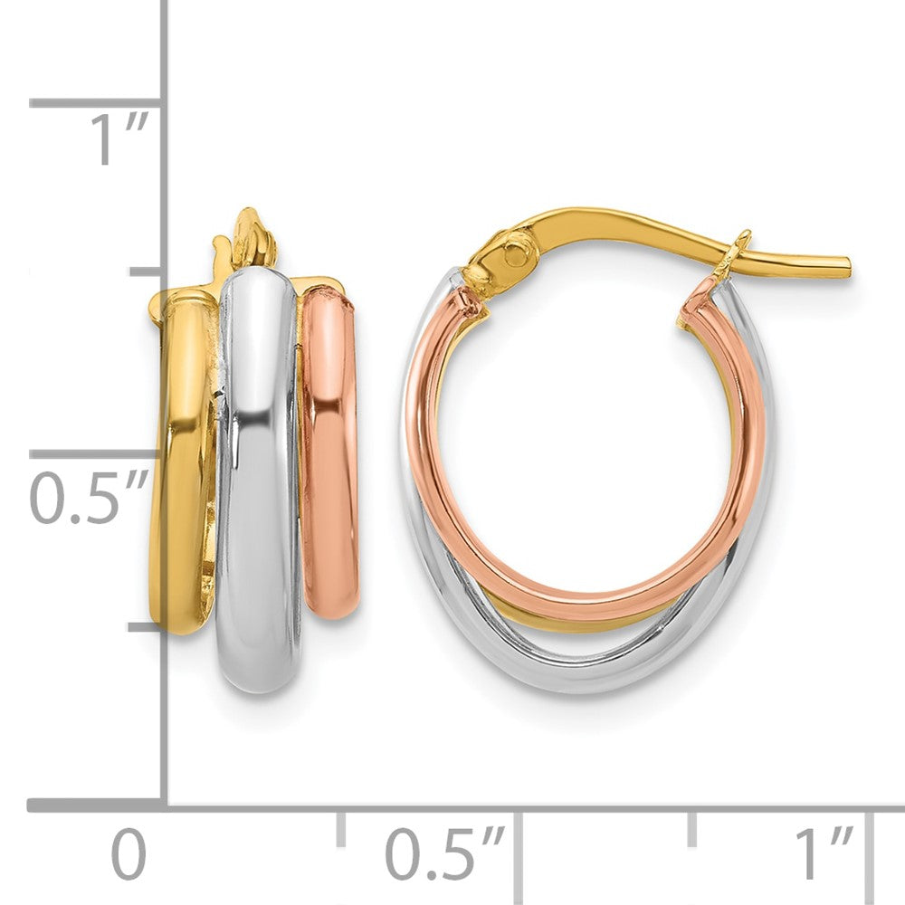 10K with White Rhodium and Rose Gold Plating Polished 3 Row Oval Hoop Earrings