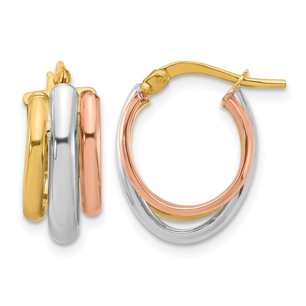10K with White Rhodium and Rose Gold Plating Polished 3 Row Oval Hoop Earrings