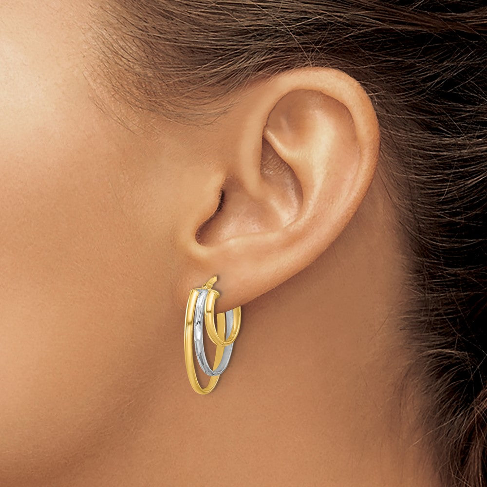10K W/White Rhodium Polished 3-row Oval Hoop Earrings