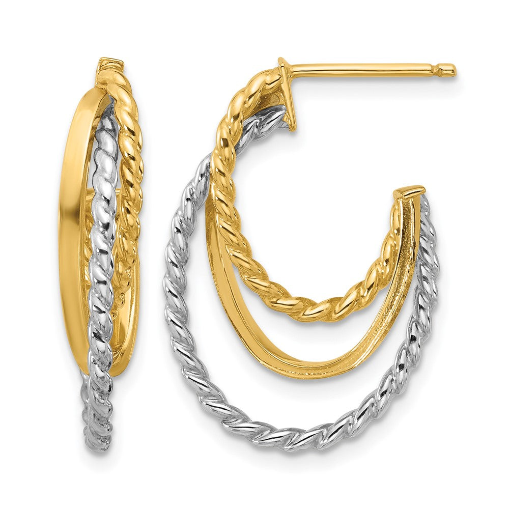 10K W/White Rhodium Polished/Twisted Oval J-Hoop Post Earrings