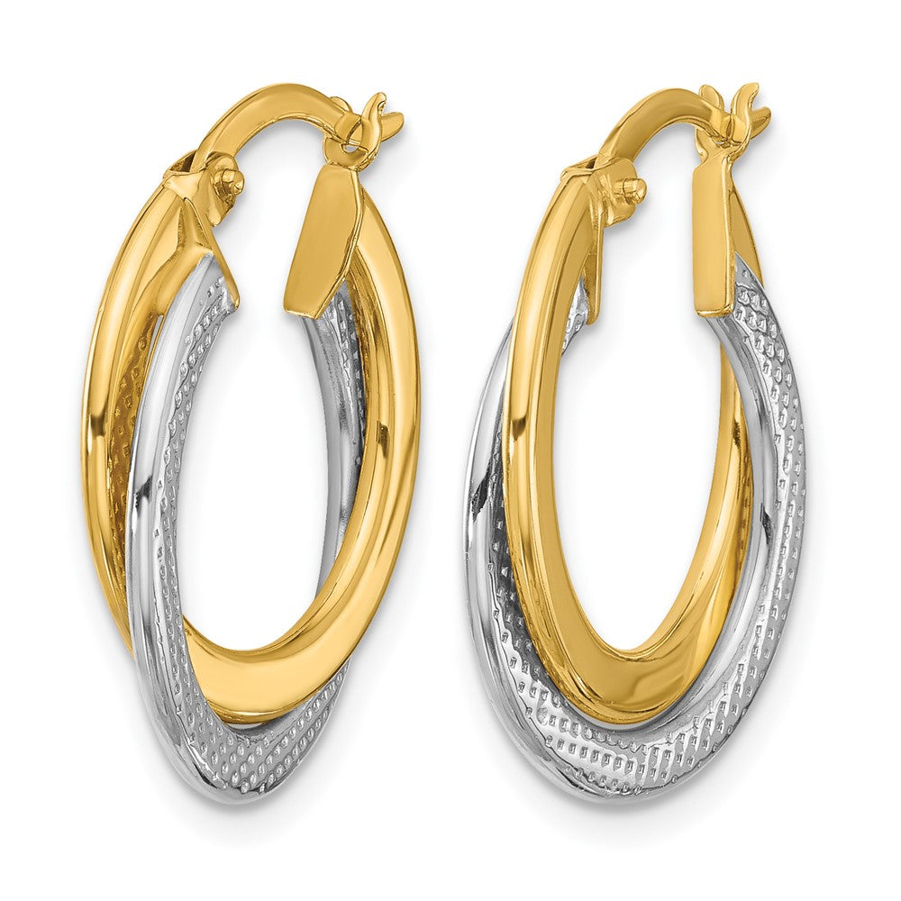 10K with Rhodium Polished and Textured Fancy Hoop Earrings