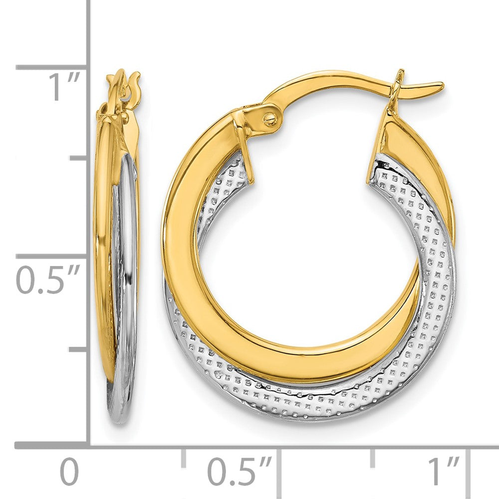 10K with Rhodium Polished and Textured Fancy Hoop Earrings