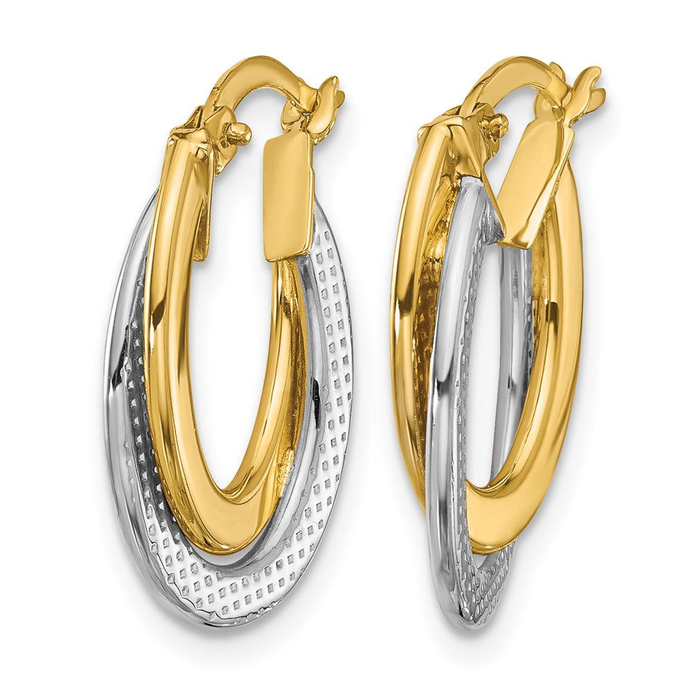 10K with Rhodium Polished and Textured Fancy Hoop Earrings