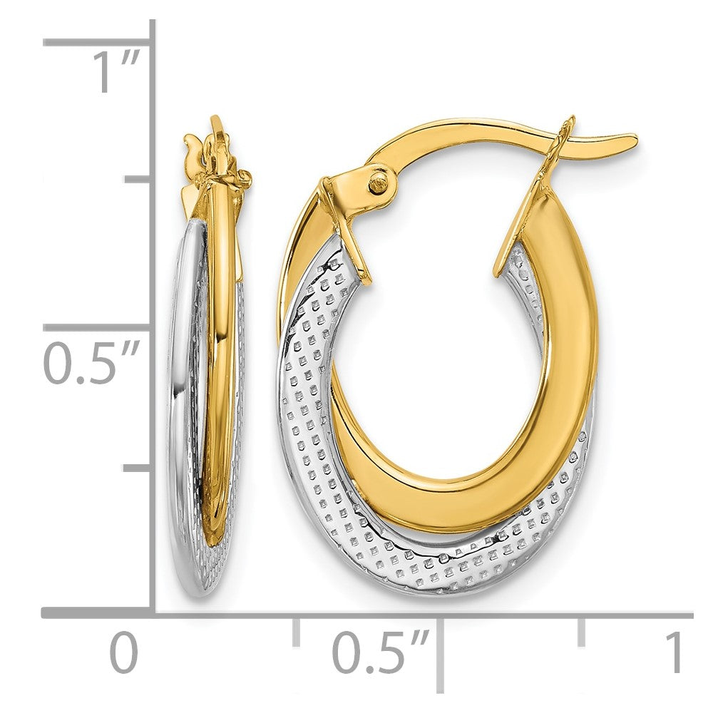 10K with Rhodium Polished and Textured Fancy Hoop Earrings