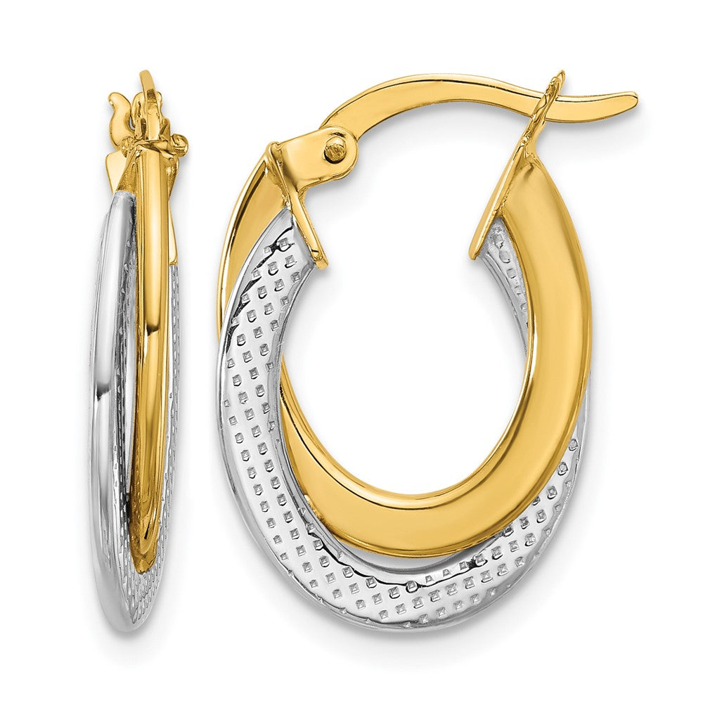10K with Rhodium Polished and Textured Fancy Hoop Earrings