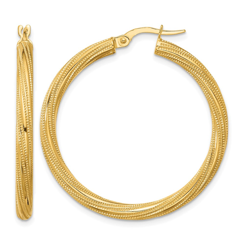 10k Polished and Textured Twisted Tube Hoop Earrings