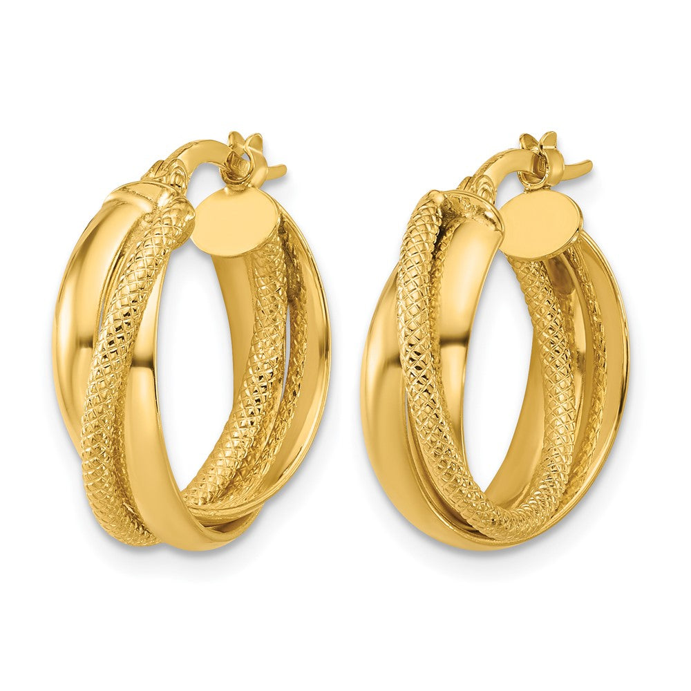 10K Polished and Textured Round Hoop Earrings