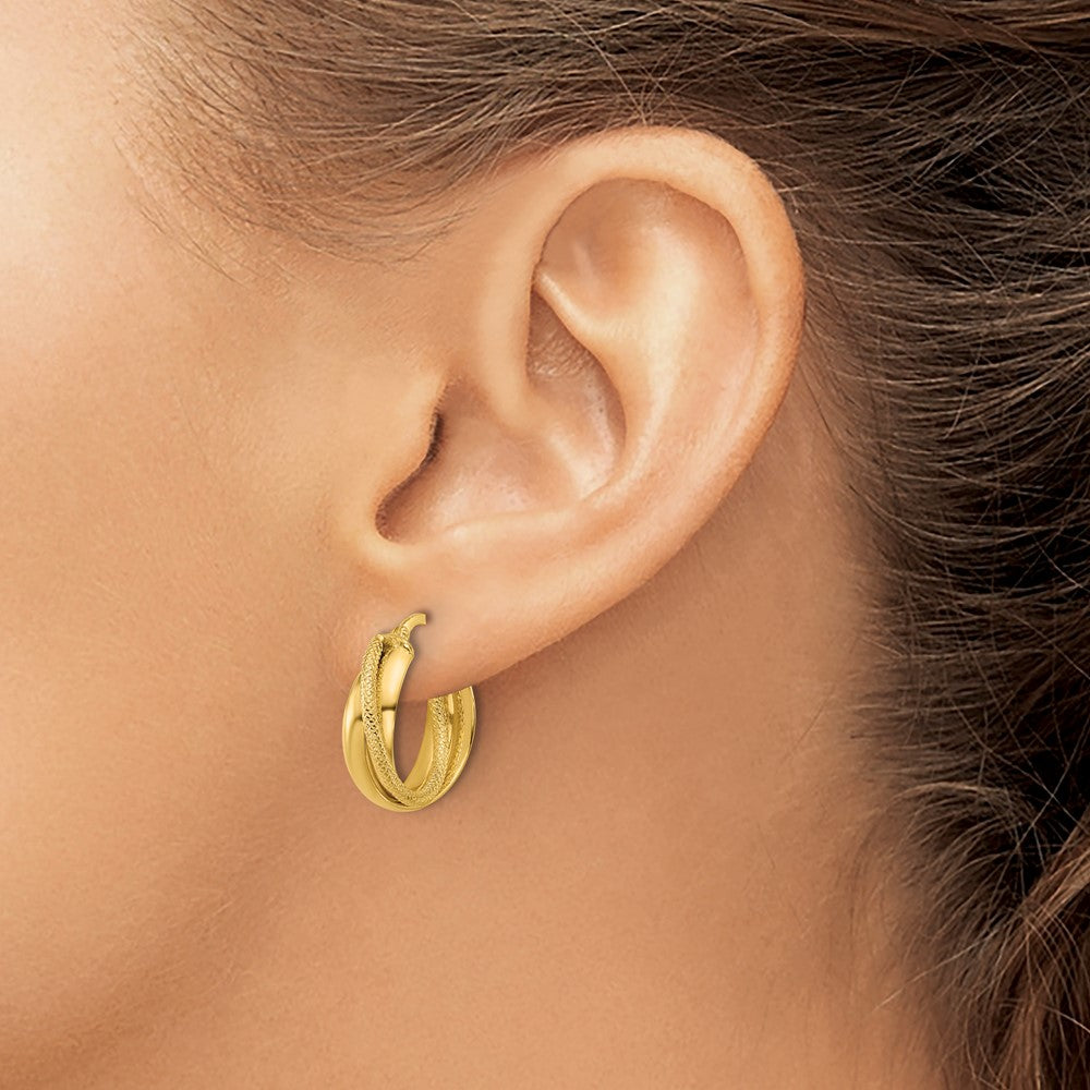 10K Polished and Textured Round Hoop Earrings