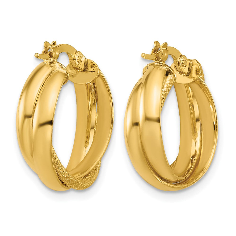10K Polished and Textured Round Hoop Earrings