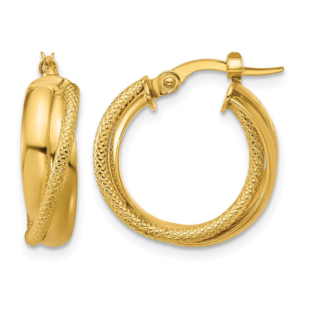 10K Polished and Textured Round Hoop Earrings
