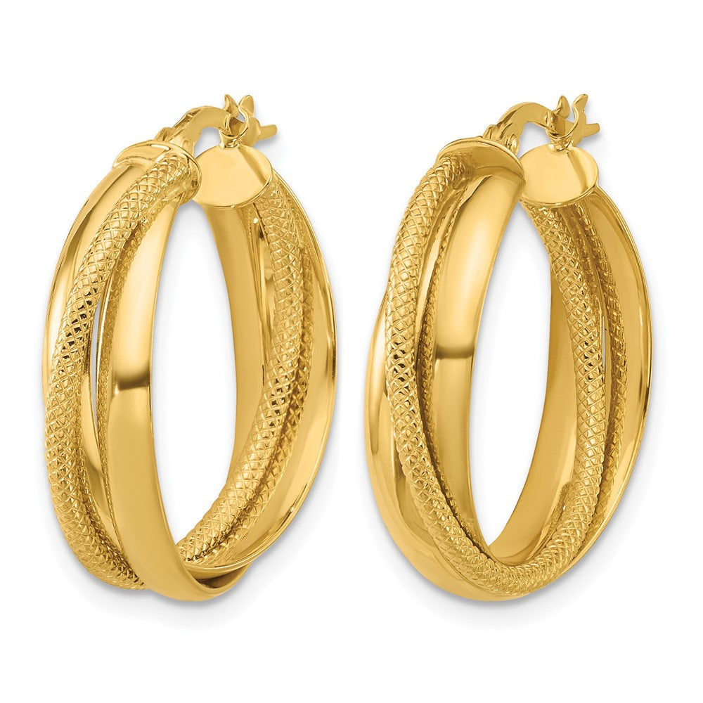 10K Polished and Textured Round Hoop Earrings