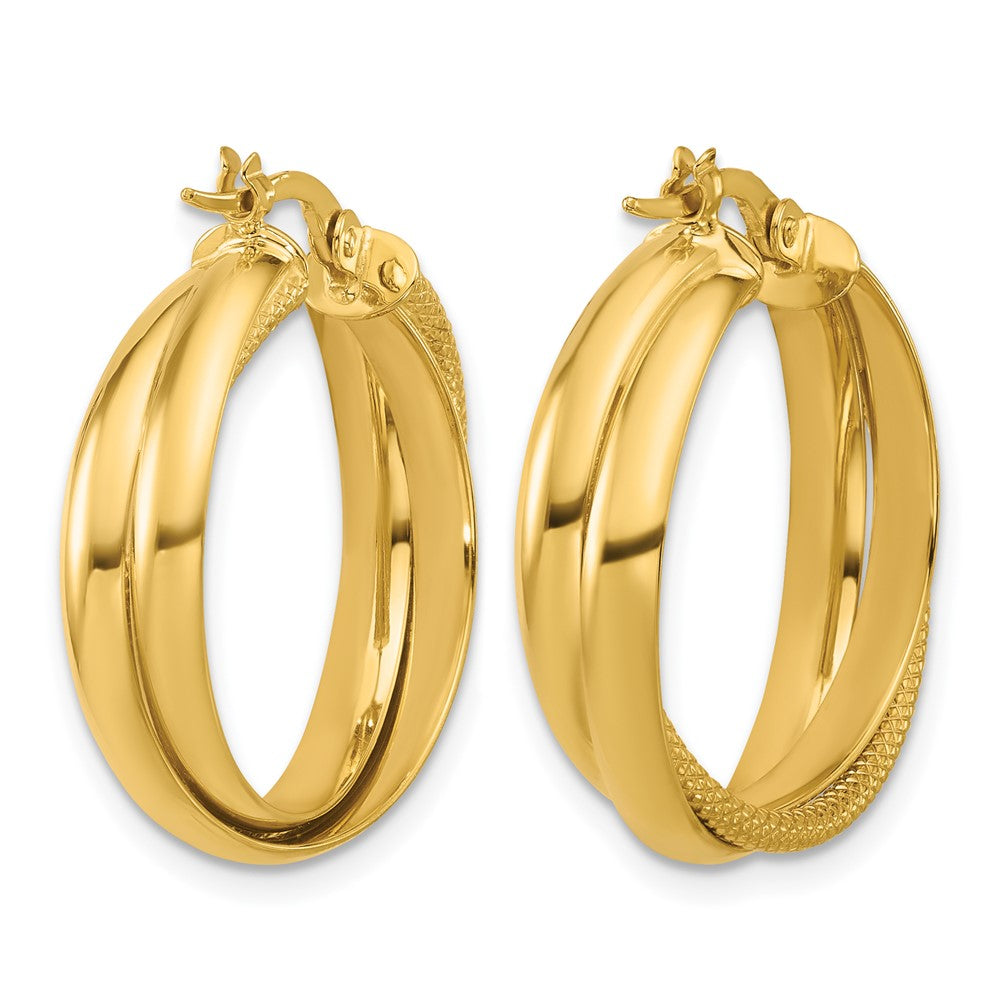 10K Polished and Textured Round Hoop Earrings