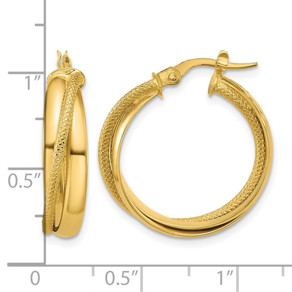 10K Polished and Textured Round Hoop Earrings