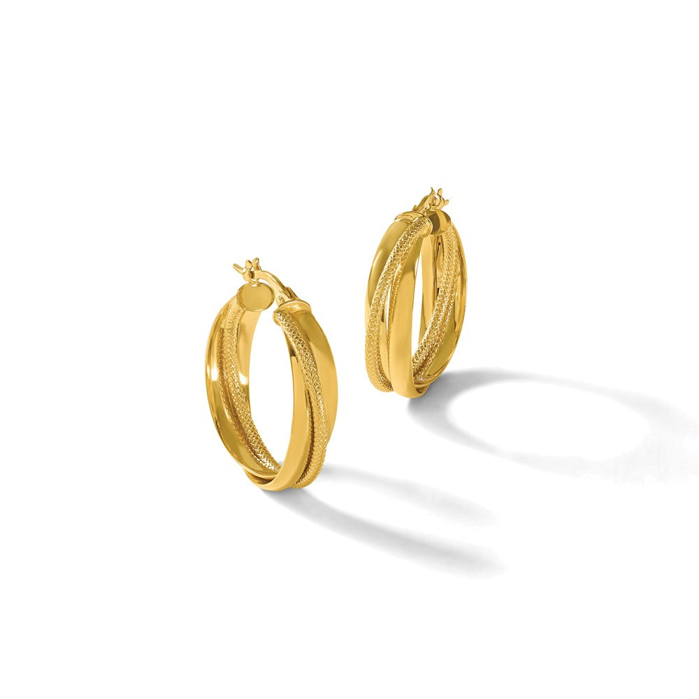 10K Polished and Textured Round Hoop Earrings