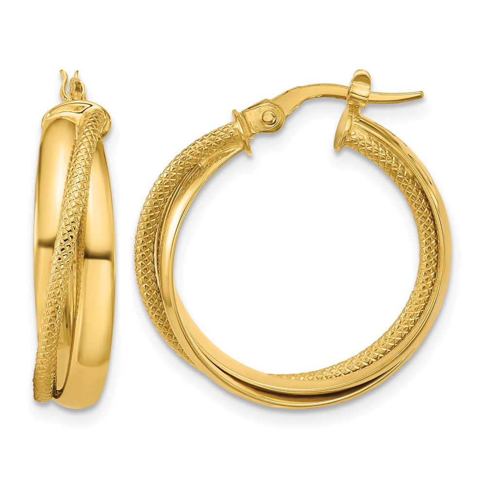 10K Polished and Textured Round Hoop Earrings