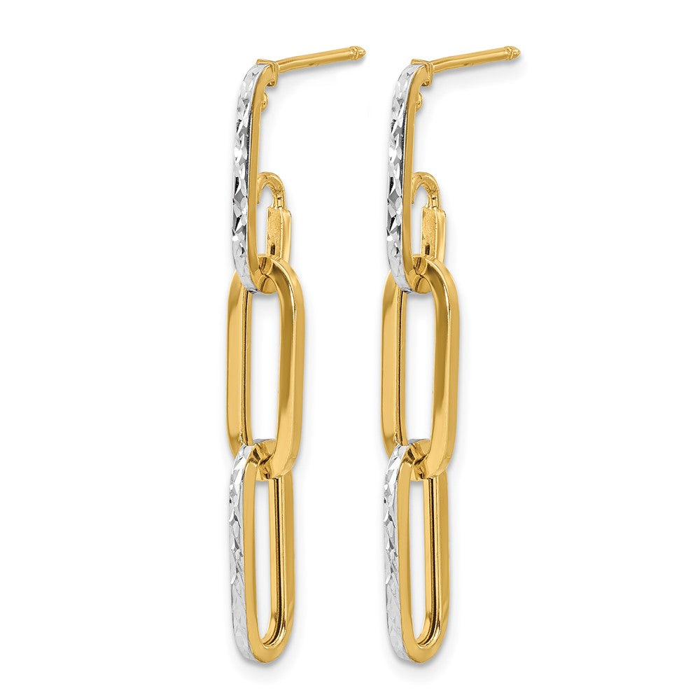 10K w/ White Rhod Polished/Dia-cut Link Dangle Earrings