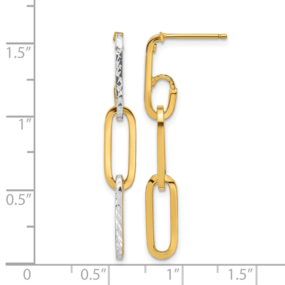 10K w/ White Rhod Polished/Dia-cut Link Dangle Earrings
