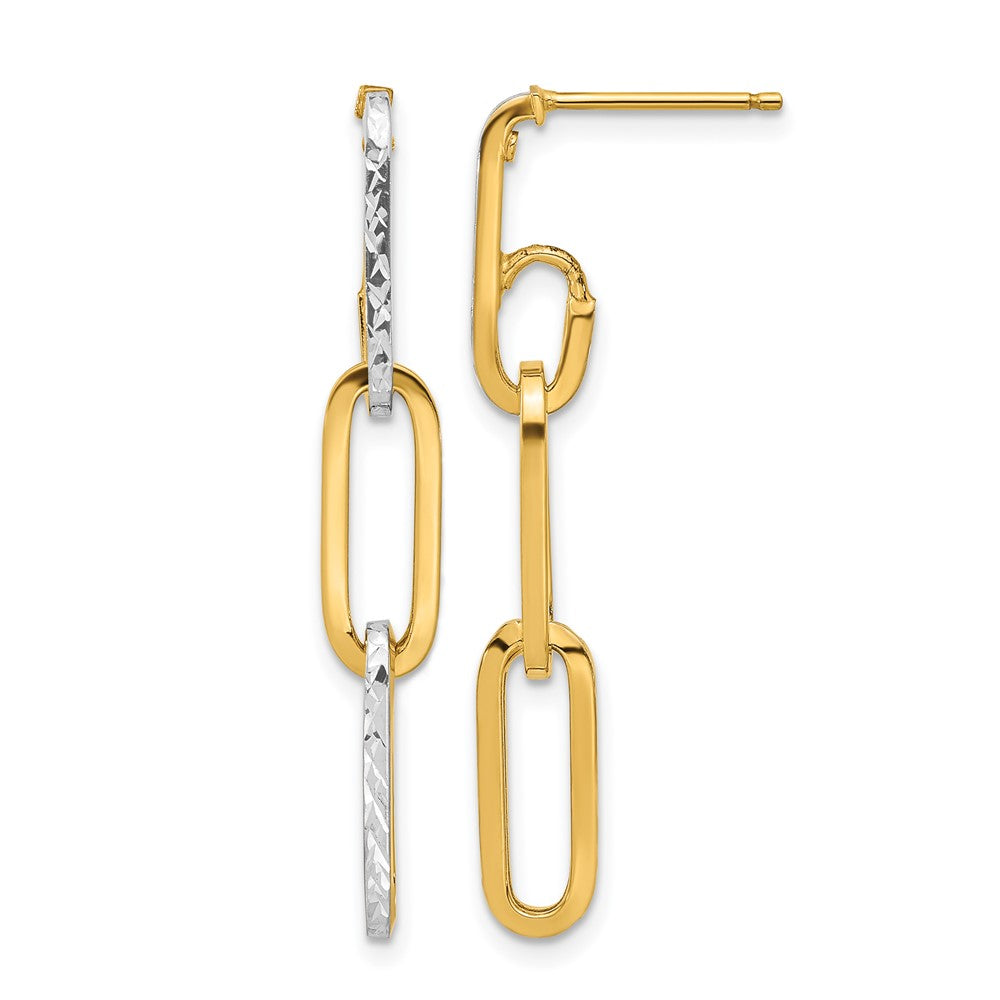 10K w/ White Rhod Polished/Dia-cut Link Dangle Earrings