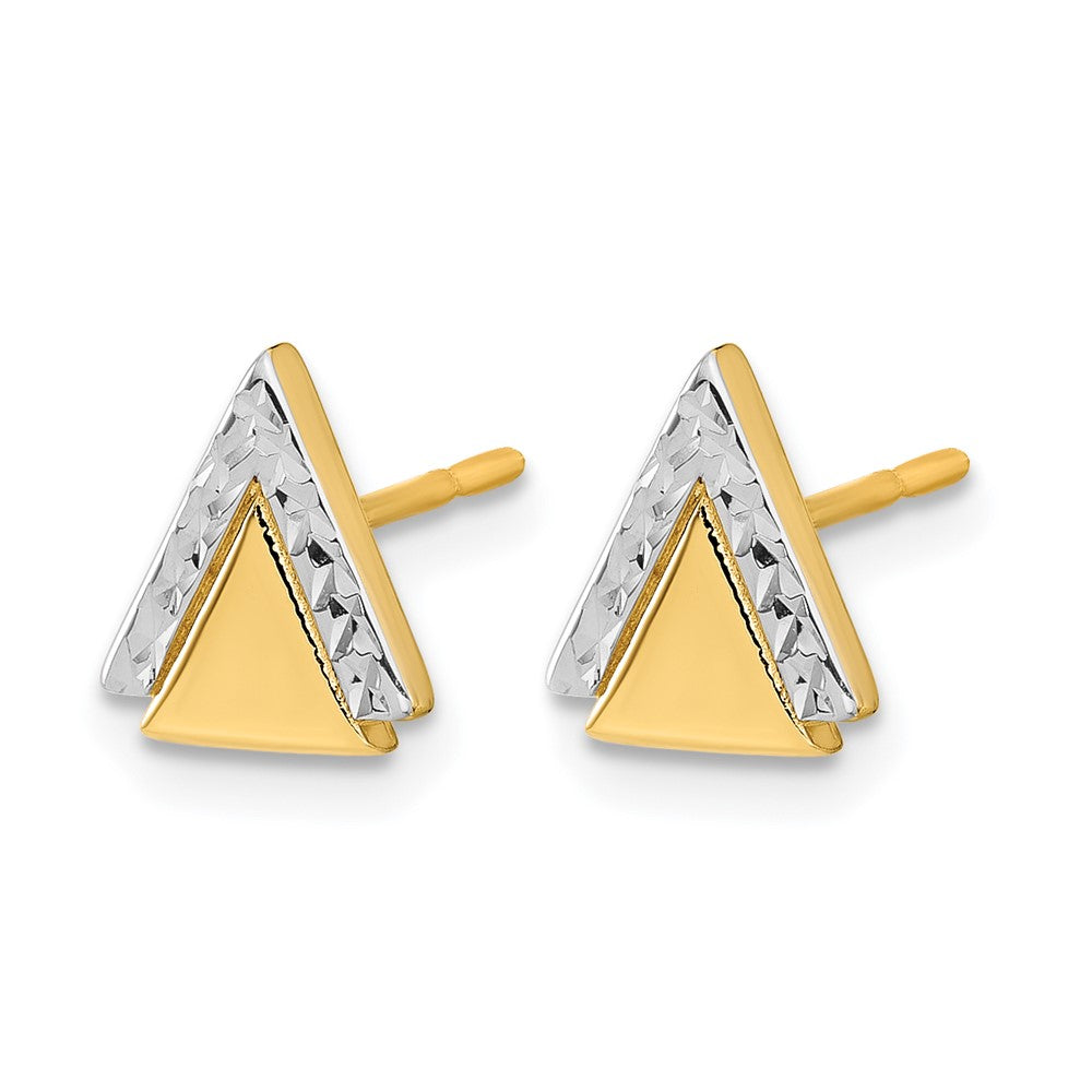 10K with Rhodium Polished and Diamond-cut Triangle Post Earrings